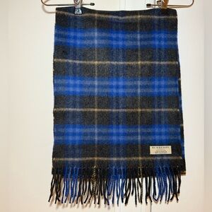BURBERRY Classic Blue and Gray Checkered Cashmere Scarf with fringe 64”